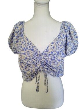 Rabbit Rose Ruched Floral Puff-Sleeve Crop Top Blue sz XL